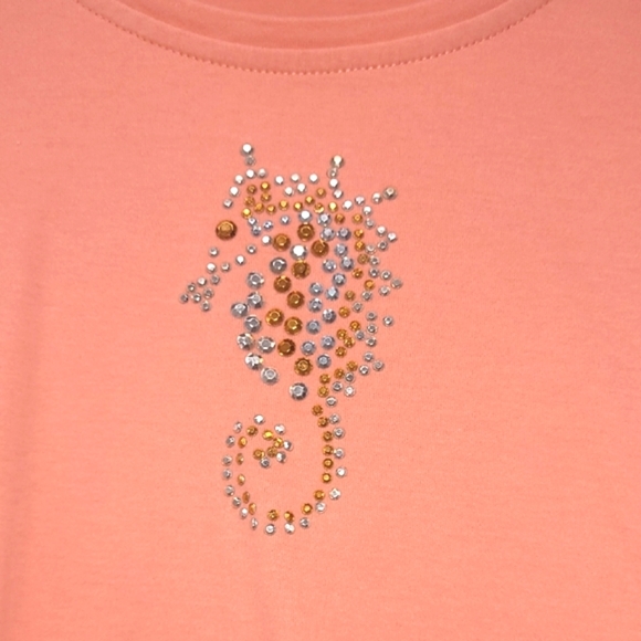 Beaded Seahorse Tshirt Coral Round Neck Short Sleeve 100% Cotton Pastel Peach - Picture 1 of 7
